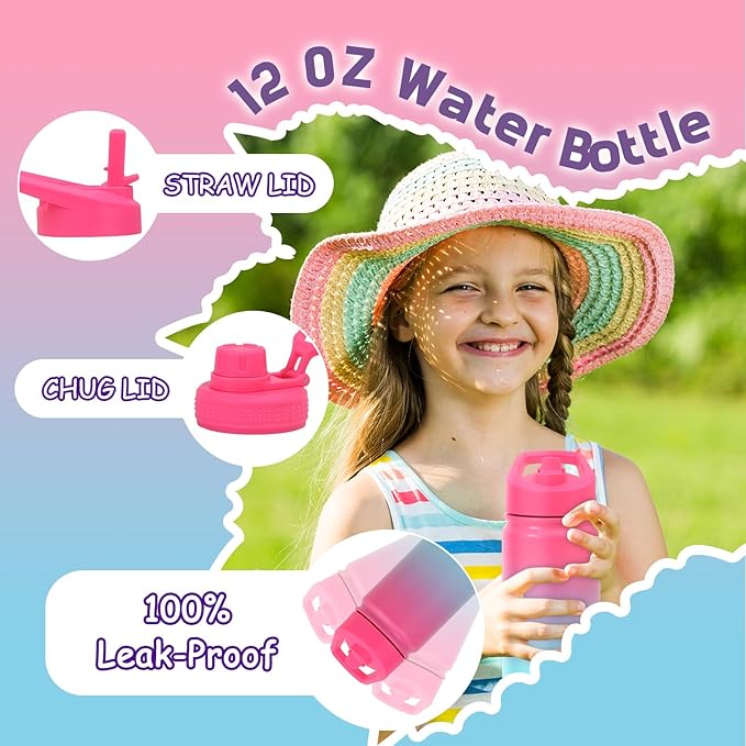 mininoo Insulated Kids Water Bottle for School, 12 oz Stainless Steel with Straw Lid and Chug Lid for Girls, Boys (Punch/Green)