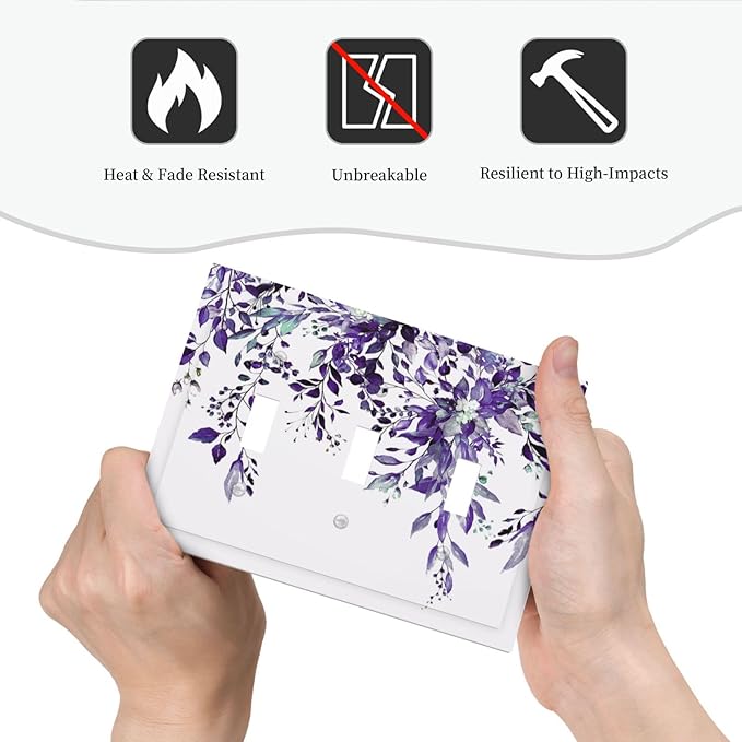 Decorative Light Switch Cover Plate Purple Eucalyptus Boho Olive Leaves Country Unique 3 Gang Wall Plate Switch Plate Covers Triple Toggle Jumbo Electrical Faceplate for Bedroom Decor