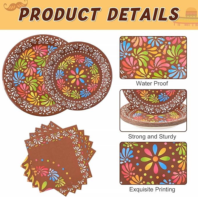 WERNNSAI Cielito Lindo Party Decoration - 48PCS Mexican Plates and Napkins Platos de Barro Mexicanos for Birthday Baby Shower Cinco de Mayo Talavera Party Decor Serves 16 Guest