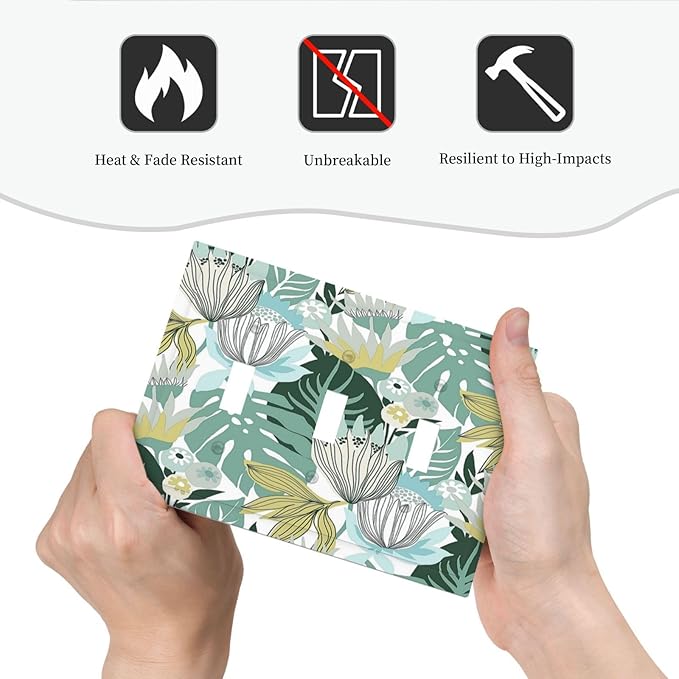 Retro Tropical Leaves 3 Gang Light Switch Cover Triple Toggle Wall Plates Decorator Receptacle Outlet Covers Electrical Switchplate Faceplate for Bedroom Bathroom Kitchen Decor