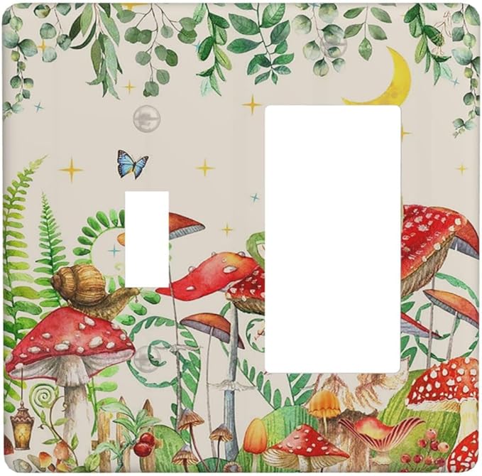 Outlet Covers Boho Mushrooms Frogs Butterflies Flowers Moon Stars 1 Toggle 1 Rocker Combination Decorative Wall Plate Light Switch Cover Plate Electrical Switch Plates for Kids room Bedroom