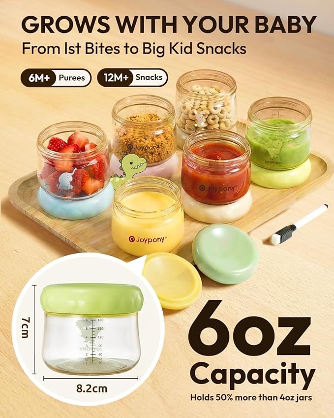 Joypony PPSU Baby Food Containers, 6oz Leakproof Baby Food Jars with Lids, Freezer Safe & Microwave Safe, Reusable Portion Plastic Food Storage Containers, Baby Puree, Toddler Snacks, BPA-Free, 6 Pack