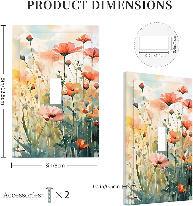 Vintage Red Orange Yellow Poppy Floral Flowers Decorative Light Switch Cover 1 Gang Single Toggle Device Electrical Faceplate Switchplates Decorator Outlet Wall Plate for Bedroom Living Room Decor