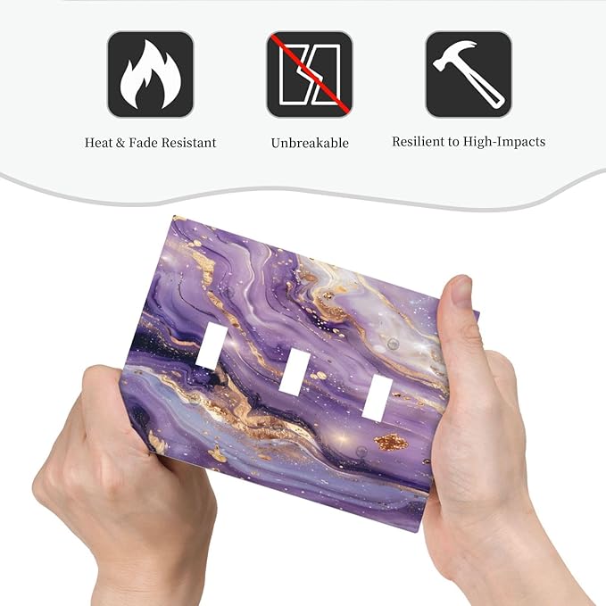 Luxury Marble Texture Purple And Gold Abstract Print Decorative Switch Plates 3 Gang Wall Plate Triple Toggle Light Switch Cover Faceplate Electrical Wall Panels for Bathroom Home Decor