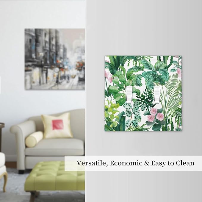 Tropical Palm Leaves Green Jungle Botanical Floral Flowers Decorative Switch Plates 2 Gang Double Toggle Outlet Light Switch Cover Wall Plate Electrical Faceplate for Bedroom Living Room Decor