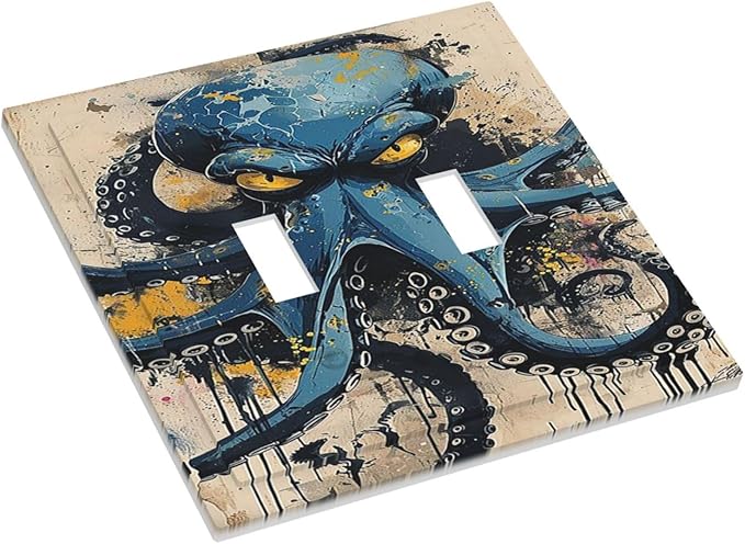 Decorative Switch Plates Nautical Vintage Blue Octopus Yellow Eyes Oil Watercolor 2 Gang Double Toggle Outlet Light Switch Cover Wall Plate Electrical Faceplate for Kids room Nursery Decor