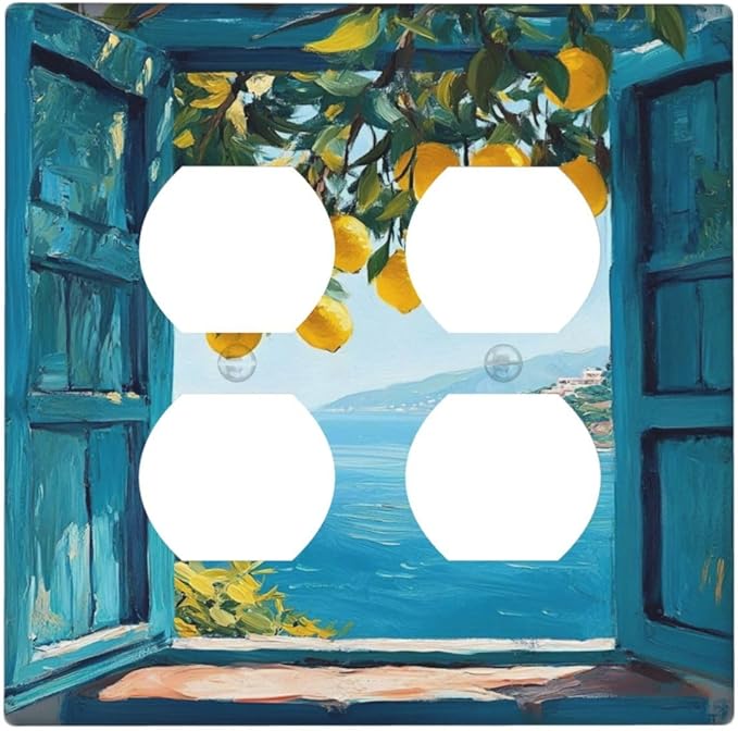 Window View Coastal Lemon Tree Mediterranean Landscape Outlet Covers 2 Gang Double Duplex Decorative Light Switch Covers Electrical Wallplates Socket Faceplate for Bedroom Living Room Decor