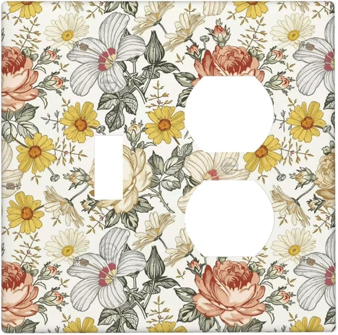 Multicolor Peony Daisy Vintage Floral Flower Wallplates 1 Toggle 1 Duplex Switch Plate Electrical GFCI Faceplate Decorative Light Switch Covers for Bedroom Living Room Decor