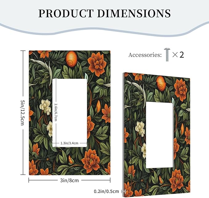 Light Switch Cover Plate William Morris Orange Flowers Rustic Leaves Floral 1 Gang Outlet Covers Single Rocker Decorative Switch plates Electrical Wall Plates GFCI Receptacle for Bathroom Bedroom
