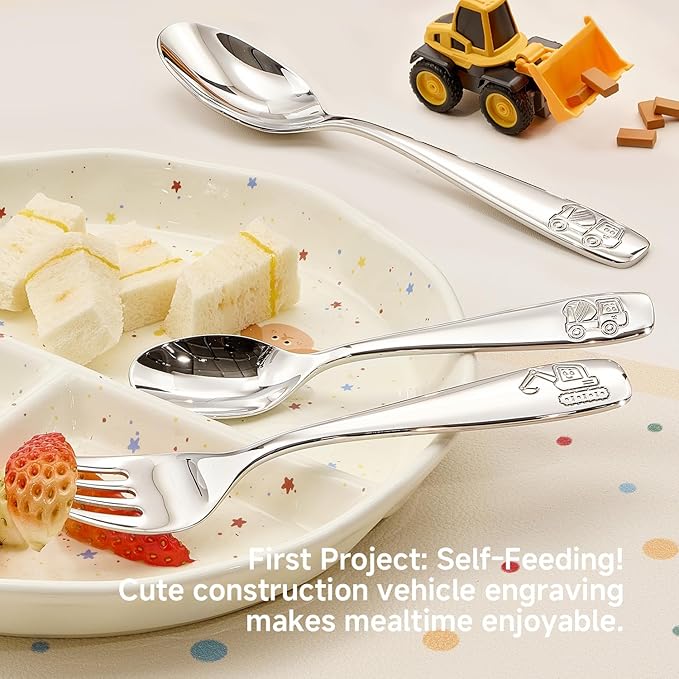 KINGSTONE Toddler Silverware Set, 12 Pieces Kids Utensils - 6 Forks & 6 Spoons, 18/10 Stainless Steel Food-Grade Kids Flatware, Construction Vehicle, Digger & Dump Truck Dishes, Dishwasher Safe