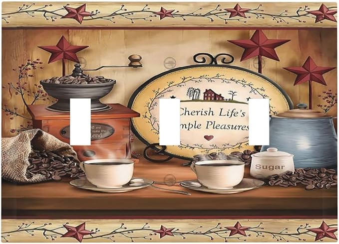 Simple Home Country Life Triple Toggle Decorator Outlet Light Switch Wall Plate Cover Kitchen Western Cabin Coffee Beans Cup Bar Clock Jumbo Decorative 3 Gang Three Device Receptacle Faceplate Cover