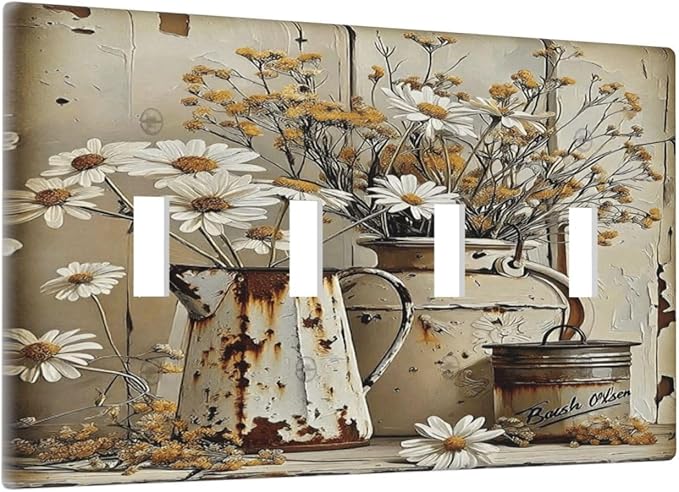 Rustic Flowers Daisy Floral White Wooden Planks Light Switch Covers Quad Toggle Electrical Faceplate 4 Gang Wall Plate Decorative Switch Plates for Farmhouse Home Decor
