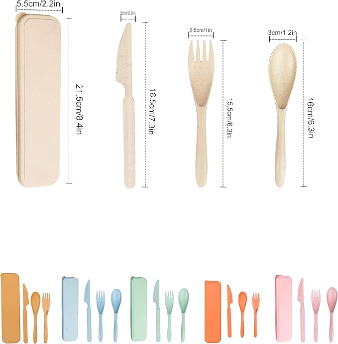 Portable Utensils Set with Case, 6 Sets Wheat Straw Reusable Cutlery, Eco-Friendly Lightweight Knife Fork Spoon Travel Tableware, for Camping, Picnic, Office Lunch, Outdoor Dining, and Daily Use