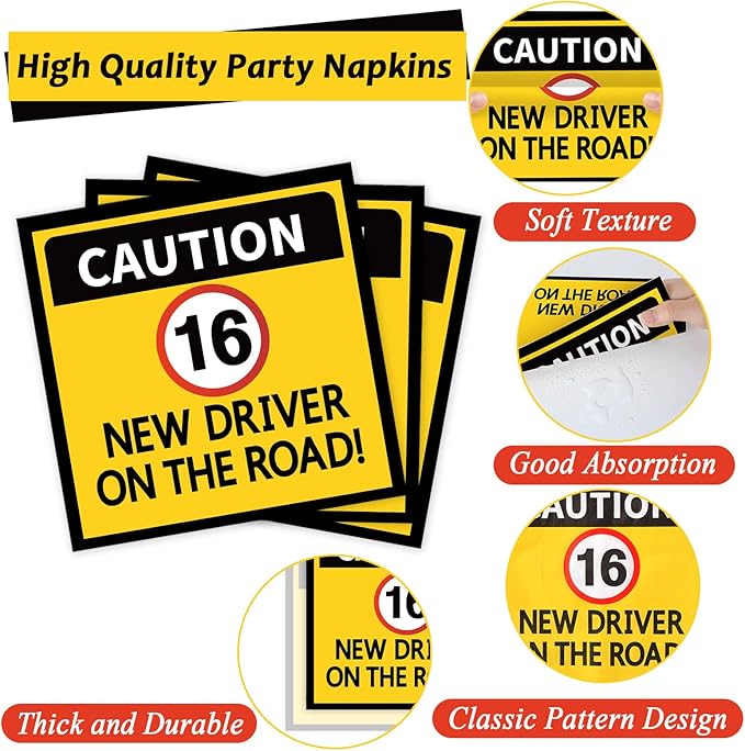 100 Pcs Drivers License 16th Birthday Party Decorations New Driver Car Plates and Napkins Set Disposable Racing 16 Years Old Paper Tableware for Boys Learner Driver Theme Supplies Serves 25