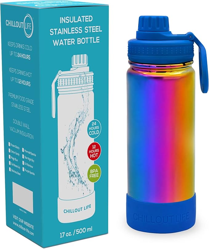 CHILLOUT LIFE 17 oz Kids Insulated Water Bottle for School with Leakproof Spout Lid and Cute Waterproof Stickers, Personalized Stainless Steel Thermos Flask Metal Water Bottle, Dishwasher Safe Color