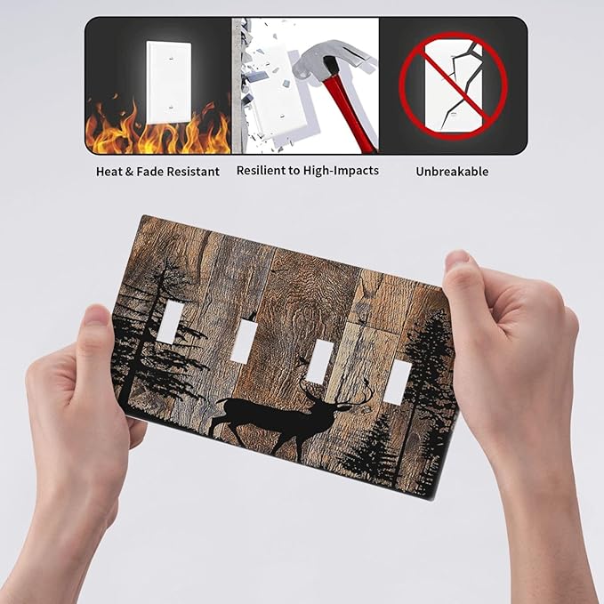 Light Switch Covers Rustic Forest Antler Elk Deer Silhouettes Animals Wood Grain Quad Toggle 4 Gang Wall Plate Electrical Faceplate Decorative Switch Plates for Farmhouse Home Decor