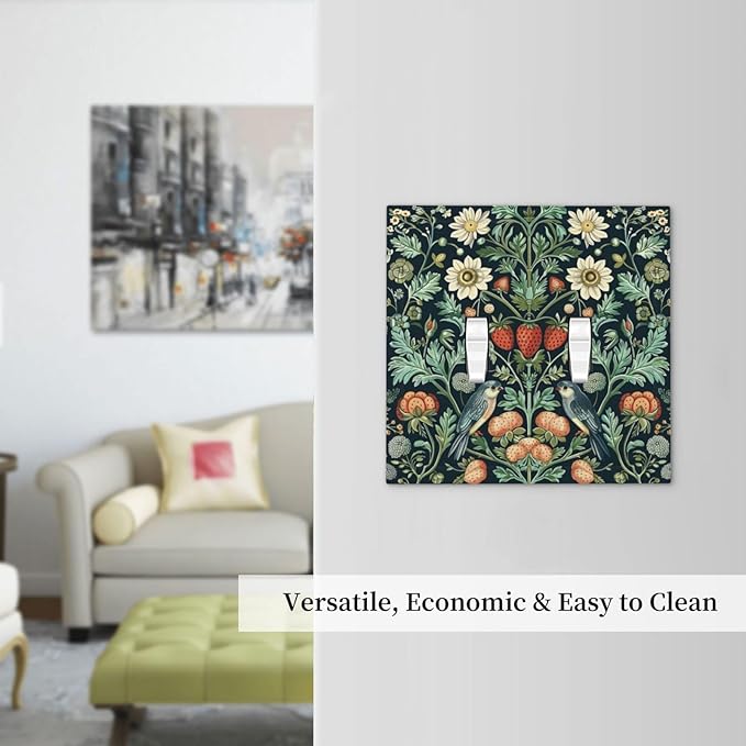 Light Switch Cover Plate Strawberry Birds Flowers Plant Morris Floral 2 Gang Double Toggle Decorative Switch Plates Wall Plates Electrical Faceplate for Bathroom Bedroom Decor