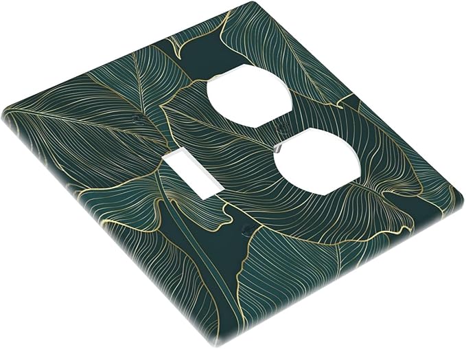 Gold Tropical Green Botanical Palm Leaves Wallplates 1 Toggle 1 Duplex Switch Plate Electrical GFCI Faceplate Decorative Light Switch Covers for Bedroom Living Room Decor