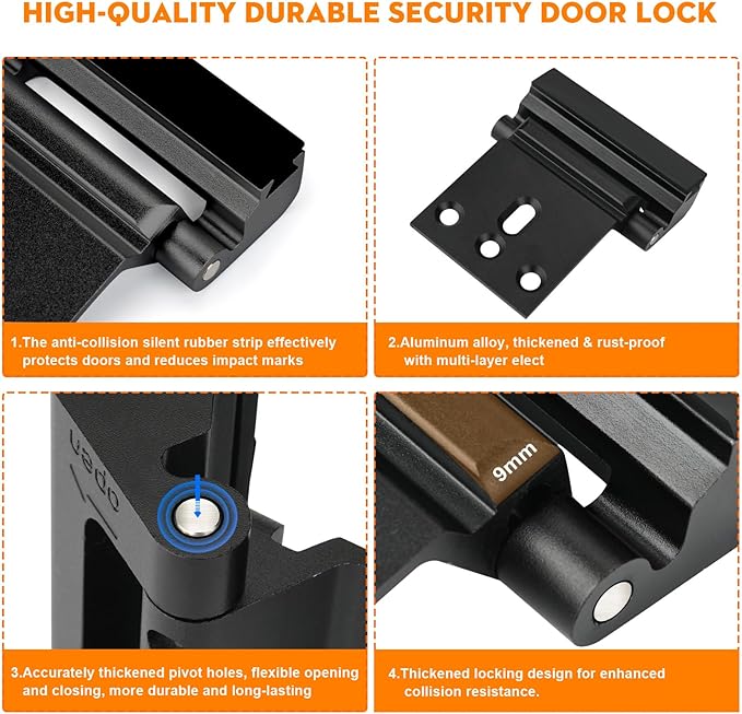 Home Security Door Reinforcement Lock, Upgraded Front Door Locks for Kids Safety Withstand 800 lbs, Child Proof Door Lock, Extra Door Lock from Inside Prevent Unauthorized Entry (2 Pack, Black)