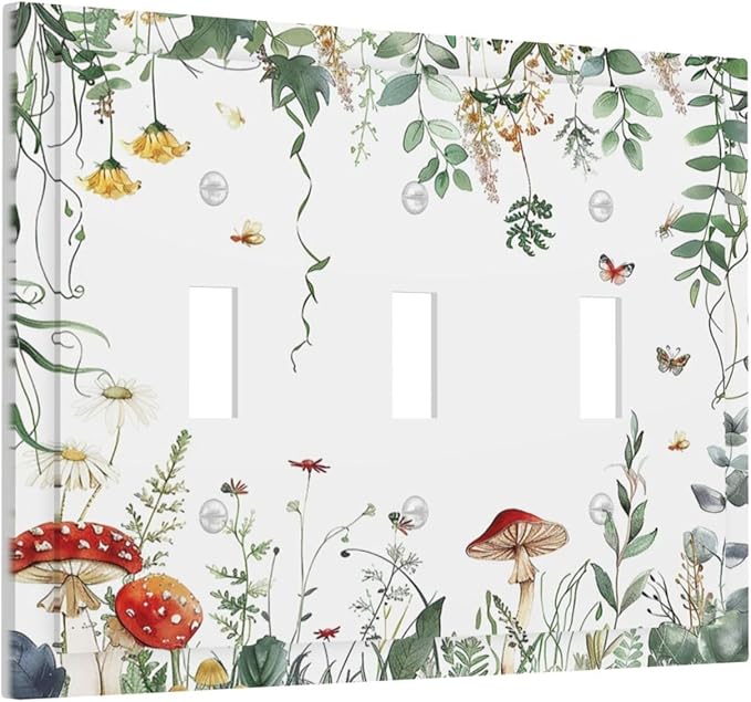 Decorative Switch Plates Sage Plant Red Mushroom Butterfly Wild Flower 3 Gang Wall Plate Triple Toggle Light Switch Cover Faceplate Electrical Wall Panels For Bed Room Kids Room Decor