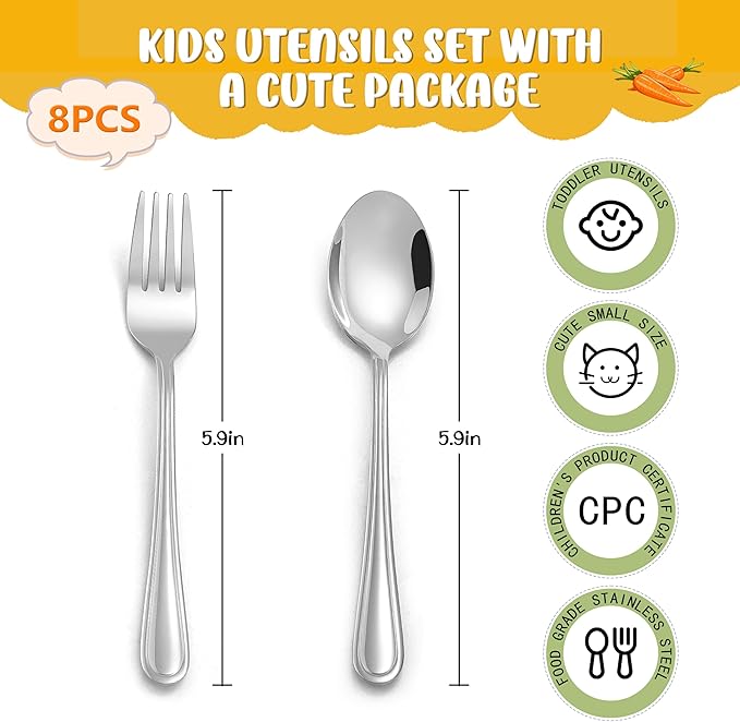 LIANYU 8-Piece Toddler Utensils Set, Stainless Steel Kids Silverware Set, 4 Kids Spoons and 4 Toddler Forks, Children Child Flatware Cutlery for Home Preschools, Dishwasher Safe