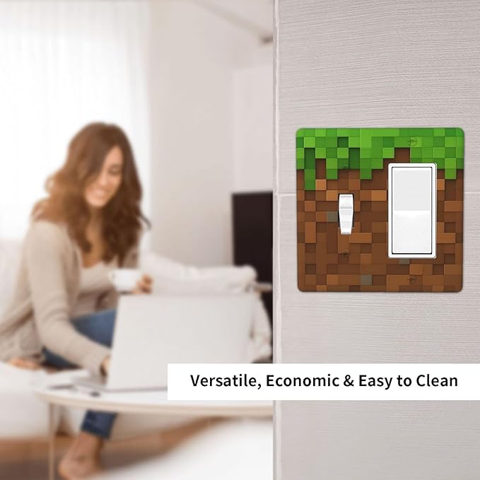 Pixel Style Gamer Themed Grass Block Outlet Covers 1 Toggle 1 Rocker Combination Decorative Wall Plate Electrical Switch Plates Light Switch Cover Plate for Kids Room Office Home Decor
