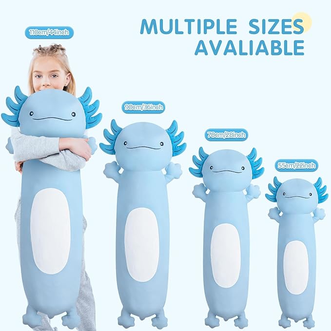 Dalmao 44 inch Cute Giant Blue Axolotl Plush Soft Body Pillow, Large Axolotl Stuffed Animals Toy, Squishy Plushies Gifts for Kids Boys Girls Birthday