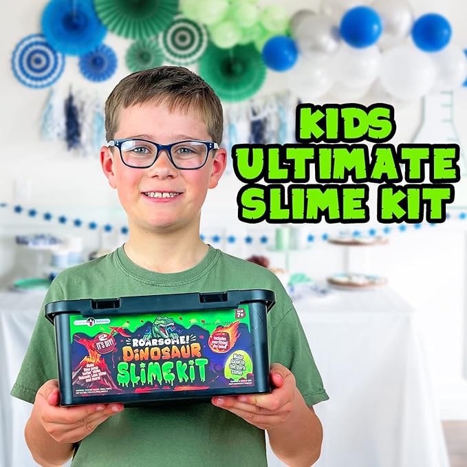 Original Stationery Dinosaur Slime Kit for Boys, DIY Glow-in-The-Dark Slime Set with Lava, Blood & Dino Poop, Fun Sensory Play Activity with Glitter Formula, Birthday Gift