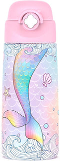 Girls Insulated Water Bottle with Covered Pop-Up Straw,16 oz Kids Cups with Stainless Steel Leak Proof for School Pink（Mermaid）