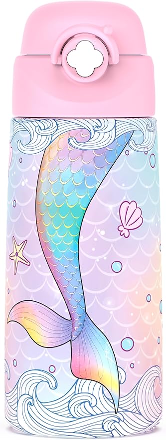 Girls Insulated Water Bottle with Covered Pop-Up Straw,16 oz Kids Cups with Stainless Steel Leak Proof for School Pink（Mermaid）