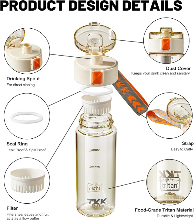 TKK Sports Water Bottle, 17oz Tritan Kid Jug with Leak Proof Lid & Handle Strap & Built-In Infuser - BPA-Free, Easy-Clean Design for Gym, Office & Outdoor Travel, White