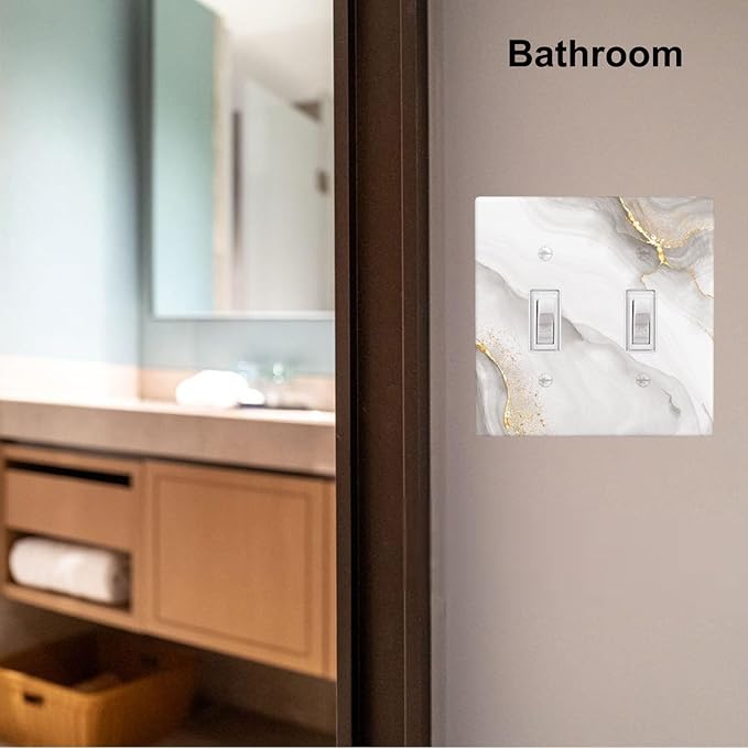 White Gold Gray Marble 2-Gang Double Toggle Switch Plate, Modern Decorative Wall Plate for Home, Living Room, Bedroom & Bathroom
