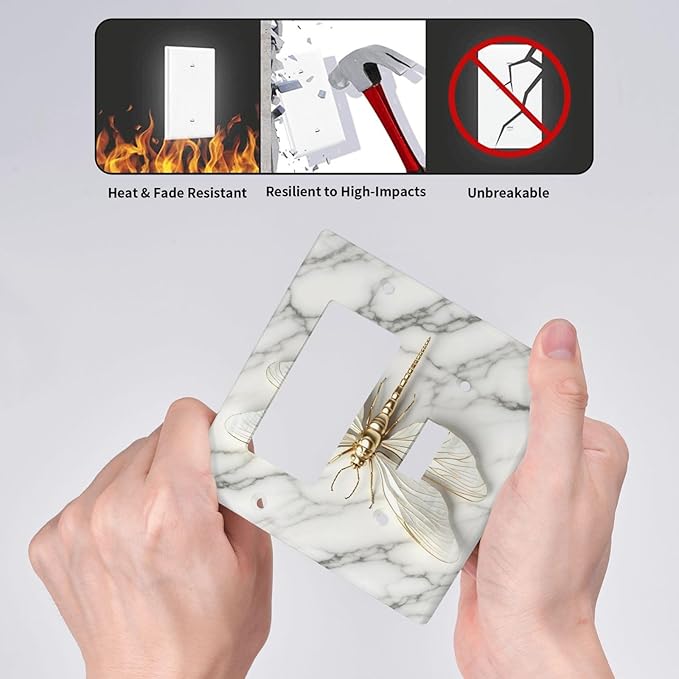White Gold Marble Dragonfly Abstract Modern Outlet Covers 1 Toggle 1 Rocker Combination Decorative Wall Plate Electrical Switch Plates Light Switch Cover Plate for Bathroom Home Decor