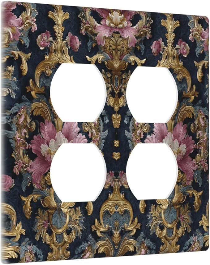 Decorative Outlet Covers Rococo Pink Floral Flower Gold Leaf 2 Gang Light Switch Cover Plate Double Duplex Wall Plates for Electrical Outlets Switch Plate Covers for Bedroom Home Decor
