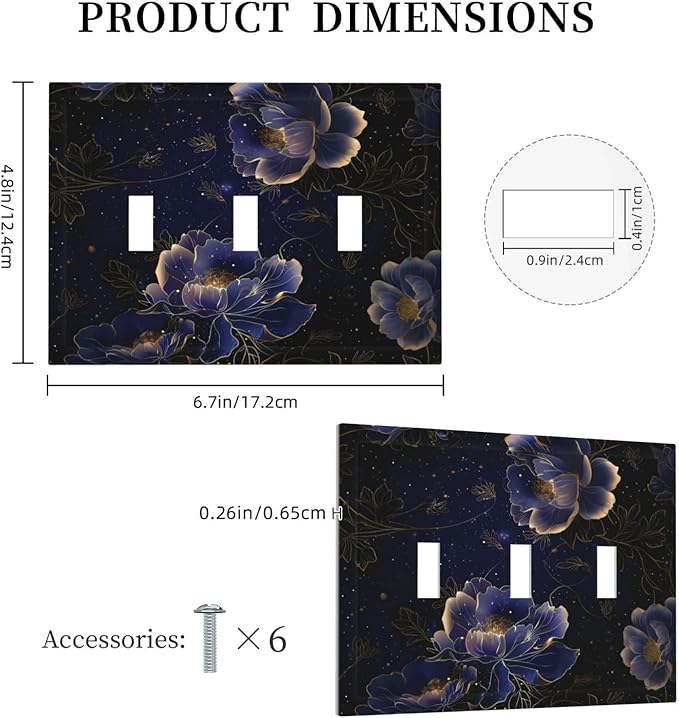 Navy Blue Floral Vintage Flower Dark Watercolor Decorative Switch Plates 3 Gang Wall Plate Triple Toggle Light Switch Cover Faceplate Electrical Wall Panels for Bedroom Living Room Decor
