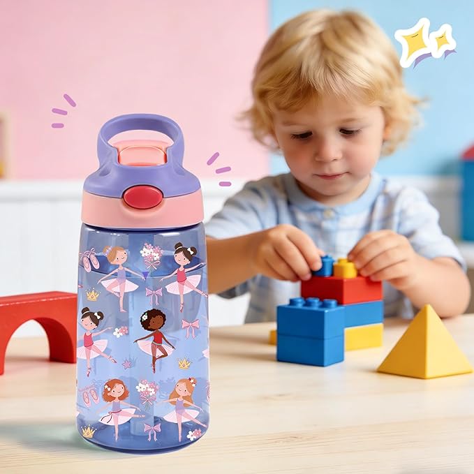 14oz Ballet Kids Water Bottle with Straw Lid - Ballerina Water Bottles for Kids, Leakproof, Lightweight, Durable Plastic Bottles for School, Pink Ballet Gift Cup for Girls Birthday Gifts