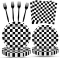 100 Pcs Racing Checkered Party Supplies Set, Serves 25 – Disposable Black and White Checkerboard Paper Plates, Napkins, and Forks, Race Car Themed Tableware for Birthday, and Racing Table Decorations