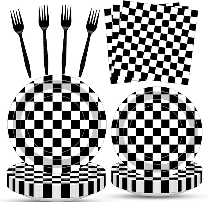 100 Pcs Racing Checkered Party Supplies Set, Serves 25 – Disposable Black and White Checkerboard Paper Plates, Napkins, and Forks, Race Car Themed Tableware for Birthday, and Racing Table Decorations