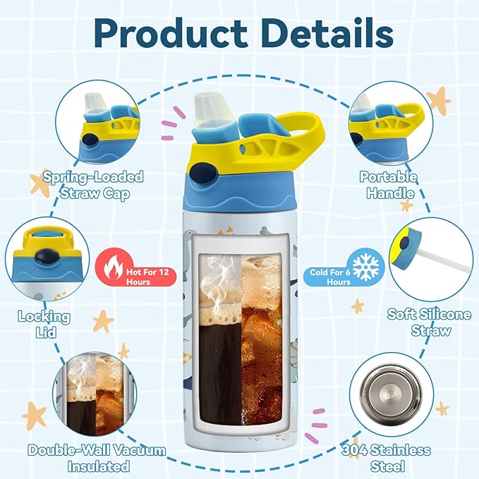 12oz Dinosaur Kids Water Bottle, Cute Dino Water Bottle for School, Kids Insulated Bottles with Straw & Handle, Leak-Proof, BPA-free, Straw Lid, Stainless Steel for Travel Gift Cup for Boys (1pc)
