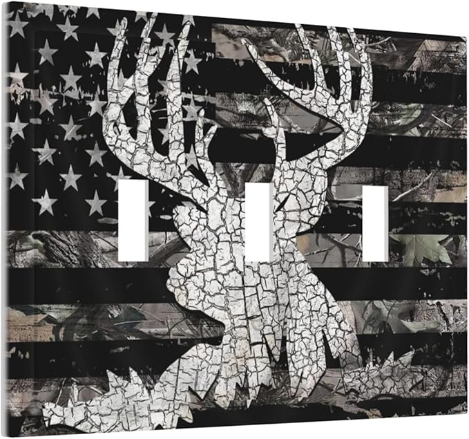 American Flag Forest Antler Deer Elk 3 Gang Light Switch Plate Decorative Triple Toggle Wall Plate Cover Electrical Faceplate for Bathroom Home Living Room Decorate