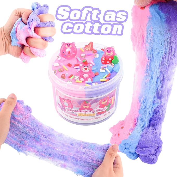 Pink Strawberry Bear Cloud Slime Kit – Ultra Soft Fluffy Texture, Sweet Scented Slime for Kids, Birthday Party Favors & Goodie Bag Stuffers for Boys & Girls Ages 6-12