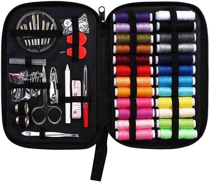 JUNING Sewing Kit with Case, 130 pcs Sewing Supplies for for Mom Grandma Women Men Home Travel and Emergency, Contains 24 Spools Threads, Sewing Needles, Scissors, Thimble, Measuring Tape and More