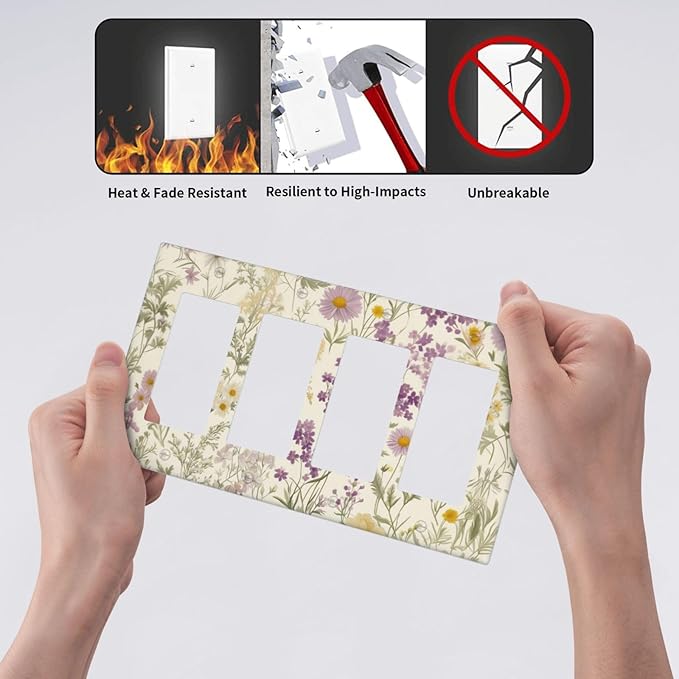 Watercolor Floral Leaves 4 Gang Light Switch Cover Plate Small Purple Flowers Daisies Quad Rocker Outlet Covers Switchplates Decorative Electrical Faceplate for Bedroom Kitchen Living Room Decor