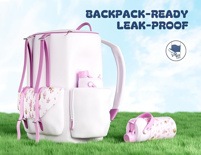 12 oz Kids Stainless Steel Water Bottle: 2-in-1 Straw Spout Lid, Leakproof, BPA-Free, Easy Clean, Keep Cold 24H, Cute Patterns, Stainless Steel Cup for School, Travel, Playtime, Gift (Bee in Bloom)