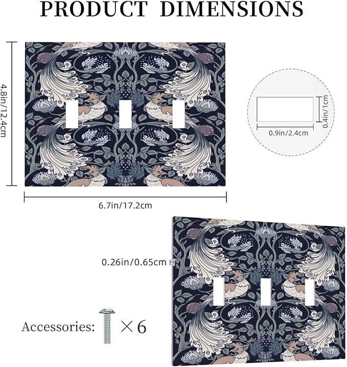 William Morris Vintage Floral Birds Peacocks 3 Gang Light Switch Covers Triple Toggle Wall Plate Decorative Switchplate Electrical Faceplate for Country Bathroom Bedroom Decor