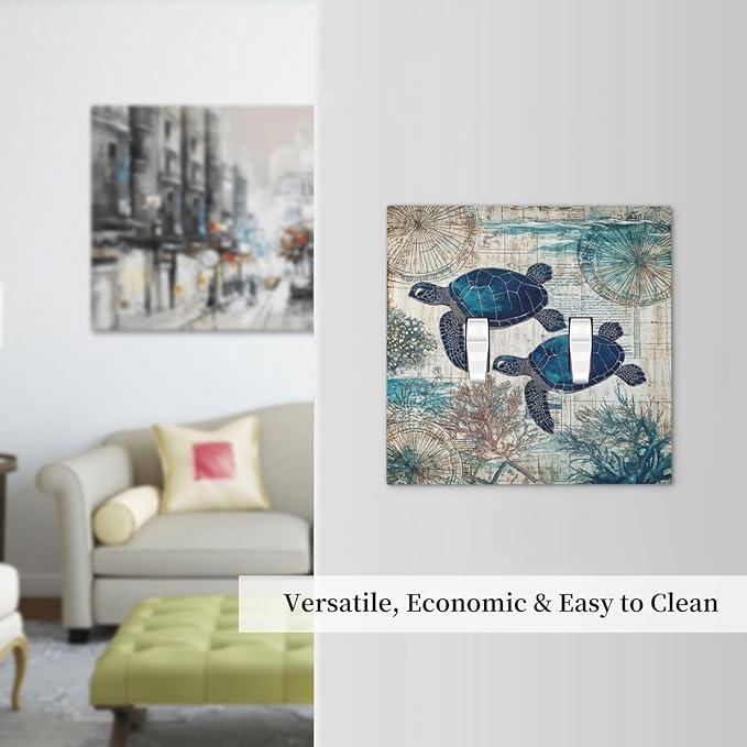 Blue Green Sea Turtle Tropical Ocean Coral Nautical Map Decorative Switch Plates 2 Gang Double Toggle Outlet Light Switch Cover Wall Plate Electrical Faceplate For Bed Room Bathroom Decor