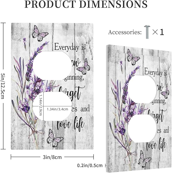 Outlet Covers Purple Lavender Flower Butterfly on Wood Plank 1 Gang Duplex Light Switch Cover Plate Inspirational quotation Floral Decorative Wall Plates Electrical Switchplate Receptacle Cover