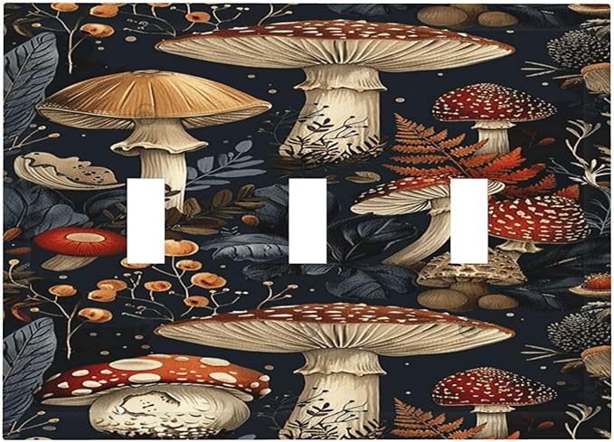 Decorative Light Switch Cover Plate Vintage Mushroom Floral 3 Gang Wall Plate Triple Toggle Switch Plate Covers Electrical Outlet Cover for Bedroom Kids room Decor