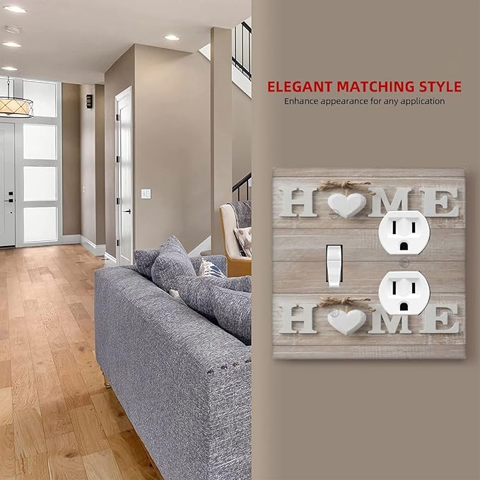 Family Vintage Country Wooden 2-Gang 1-Toggle 1-Duplex Device Combination Wallplate Sweet Home White/Brown Wood Sign Letter One Toggle Switch and One Duplex Receptacle Outlet Combo Light Switch Cover