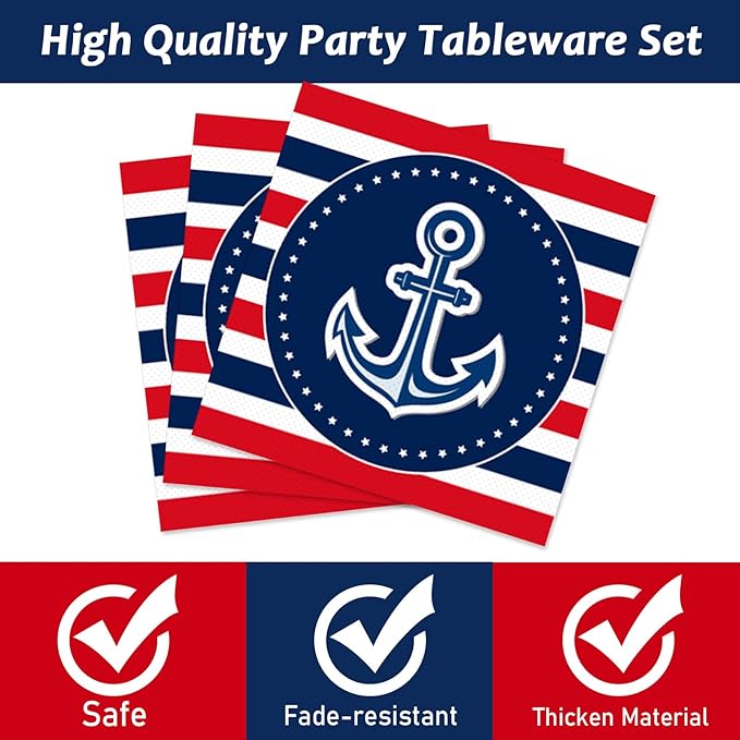 96 Pcs Nautical Anchor Party Plates Napkins Tableware Set Anchor Theme Supplies Disposable Dinnerware Sailor Boat Ship Decoration Favors for Navy Baby Shower Birthday, 24 Guests